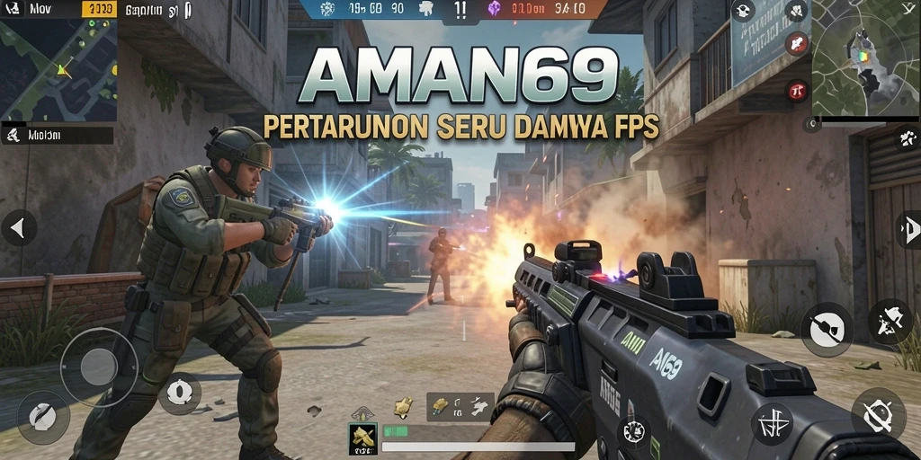 Tangkapan layar gameplay AMAN69 dengan aksi tembak-menembak yang intens.