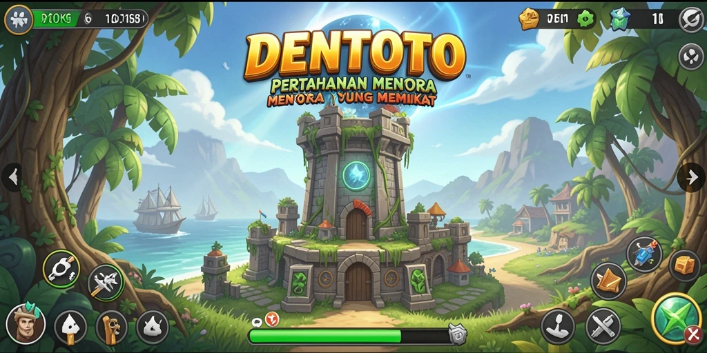 Screenshot gameplay DENTOTO, menampilkan pertempuran menara yang intens dan strategis.