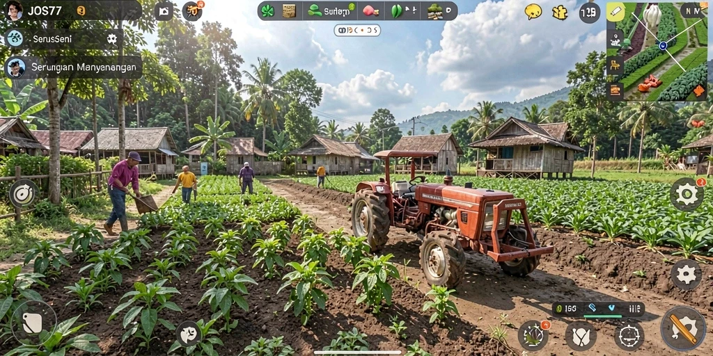 Screenshot dari gameplay JOS77 dengan pemandangan ladang yang indah.