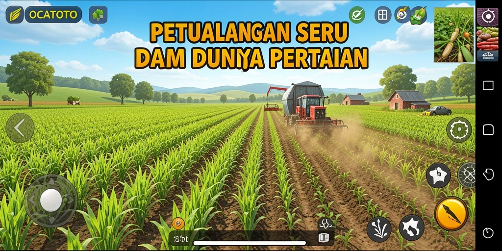 Screenshot gameplay OCATOTO dengan taman yang subur dan hewan ternak.