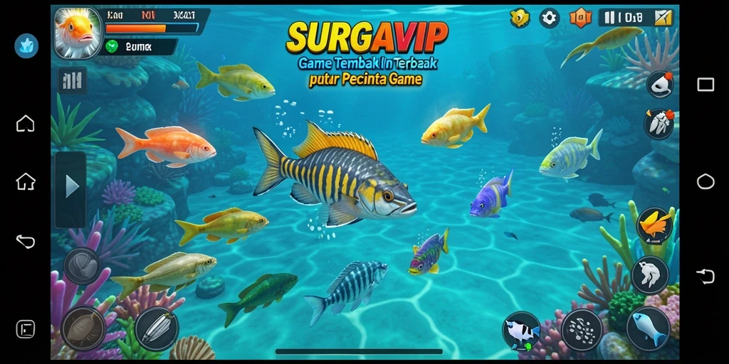 Screenshot gameplay SURGAVIP menampilkan aksi menembak ikan yang seru.