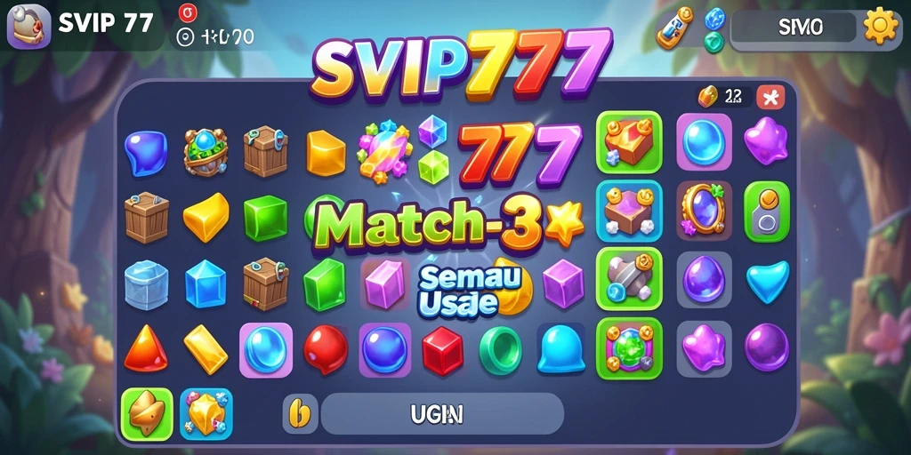 Screenshot SVIP777 menunjukkan gameplay Match-3 yang penuh warna dan seru.