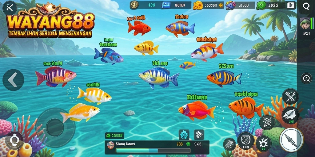 Tampilan gameplay WAYANG88 dengan aksi menembak ikan.