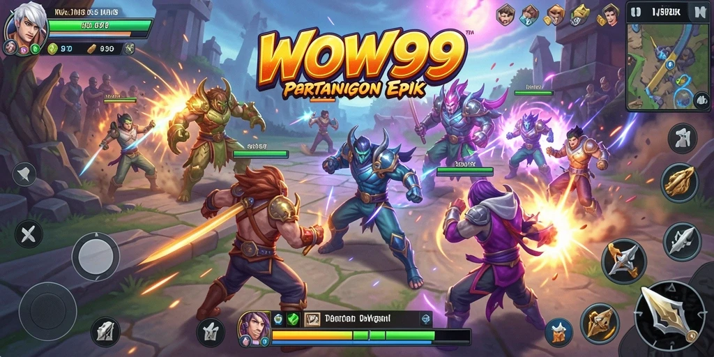 Tampilan seru gameplay WOW99 dengan karakter bertarung di arena.