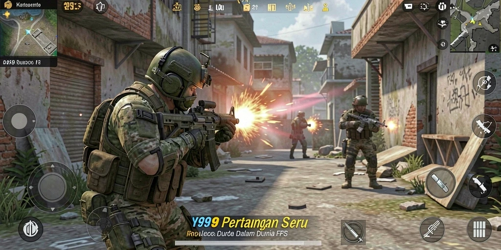 Tangkapan layar utama Y89 menampilkan pertempuran FPS yang intens dan seru.